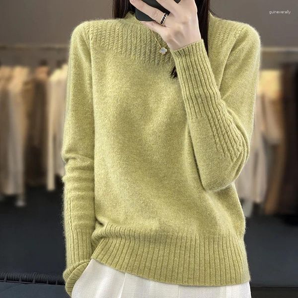Suéter feminino com gola redonda, manga comprida, cor sólida, quente, engrossado, lã merino, pulôver para inverno, suéter de malha
