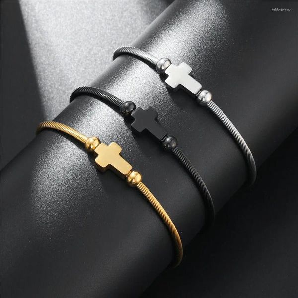 Pulseira de aço inoxidável cruz coroa ajustável abertura pulseiras para mulheres homem personalidade simples pulseira jóias presente casal