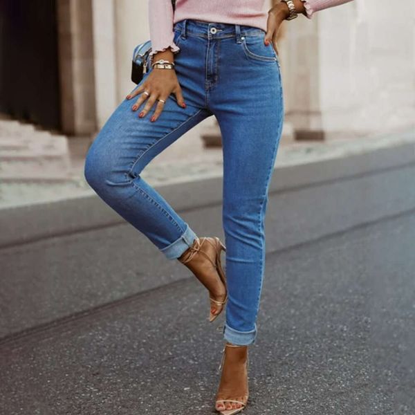 Kadın Denim 2023 Yeni Moda Skinny Jeans Kadın Sokak Fermuarı Düz ​​Bacak Koyu Mavi Kalem Pantolon