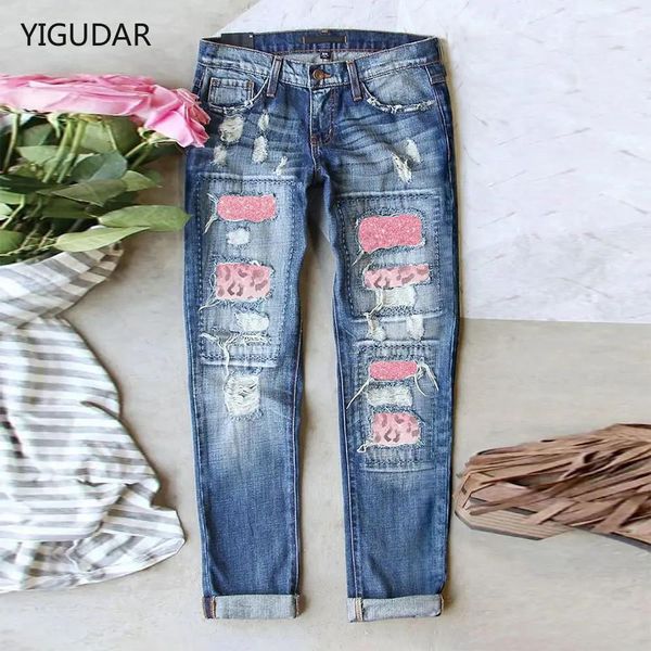 Jeans Boyfriend-Jeans für Damen, Cargo-Hosen mit weitem Bein, Damenmode, zerrissenes Loch, kariertes Patch, Patchwork, lange Jeans, Denim-Hosen