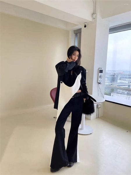 Ternos femininos preto branco contraste cor destacável retalhos blazer para moda feminina vintage solto irregular terno jaqueta casacos y4834