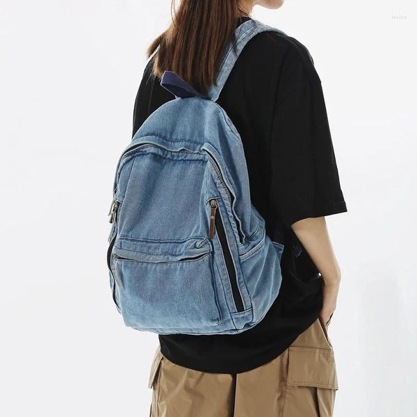 Mochila lavada denim multi bolso moda vintage mulheres homens lazer estudante sacos de escola na moda legal saco de livro de viagem