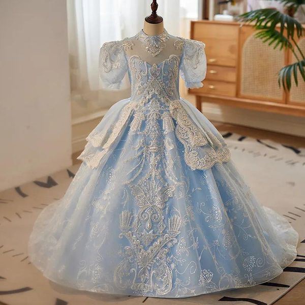 Vestidos 2023 azul colher flor menina vestidos feitos à mão flores tule pequeno babys casamento luxuoso comunhão pageant vestido vestidos pérolas cr