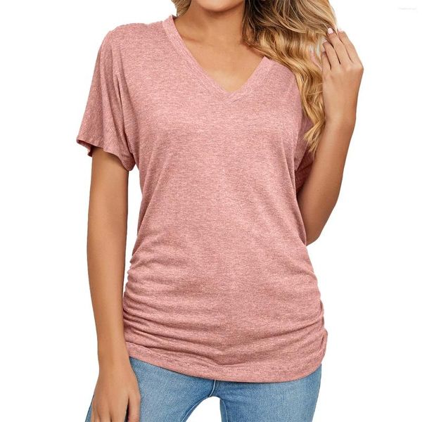 Camisetas para mujer, moda de Color sólido, dobladillo con cordón, manga corta, cuello en V, blusa holgada para mujer, camisa para tela Y2k 2023