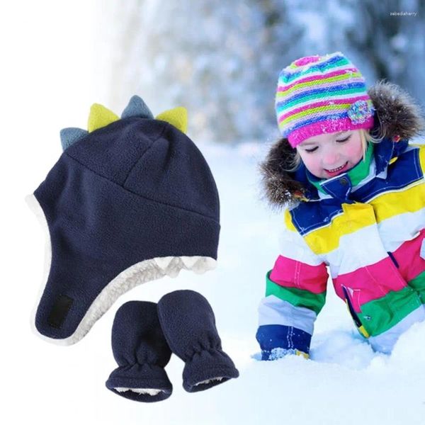 Berets crianças outono inverno chapéu luvas conjunto de malha dupla camada dos desenhos animados dinossauro forma bebê chapéus luvas quentes para