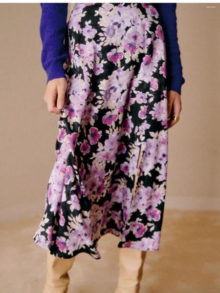 Юбки Женская юбка-миди 2024 весна-лето с цветочным принтом и высокой талией с разрезом, универсальная Prairie Chic Jupe