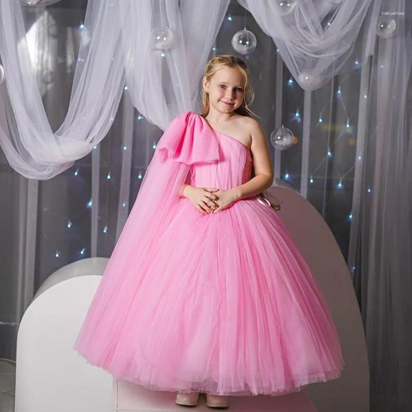 Vestidos de menina bonito princesa até o chão menina baile de formatura um ombro arco inchado rosa crianças vestido de festa a linha vestido de concurso 2024