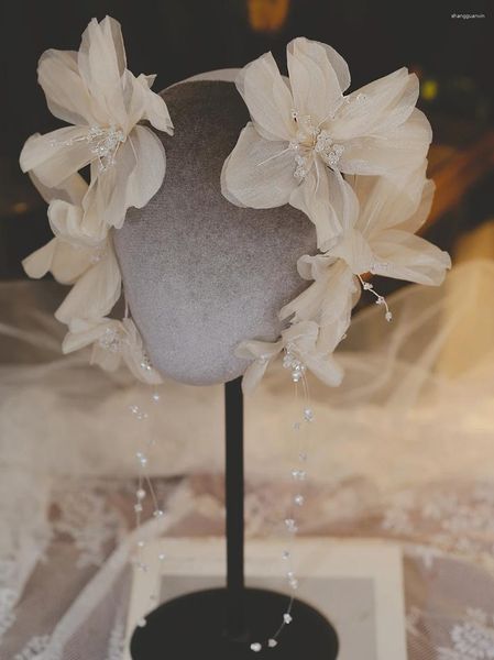 Haarspangen, Kopfschmuck, Damen, hellbraunes Seidengarn, dreidimensionale Blumendekoration mit Perlenquaste, Blumen-Brautzubehör, Ohrhänger