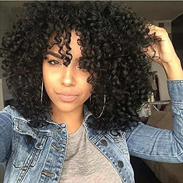 Perucas africanas bob kinky encaracolado peruca humana afro perucas completas para mulheres negras virgem cabelo brasileiro frente de renda com franja 150% densidade 14 polegadas d