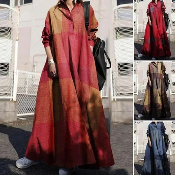 Ethnische Kleidung Frauen Vintage Plaid Kariertes Hemd Kleid 5XL Plus Größe Langarm Vestido Oversize Lose Beiläufige Muslimische Mode Kleider
