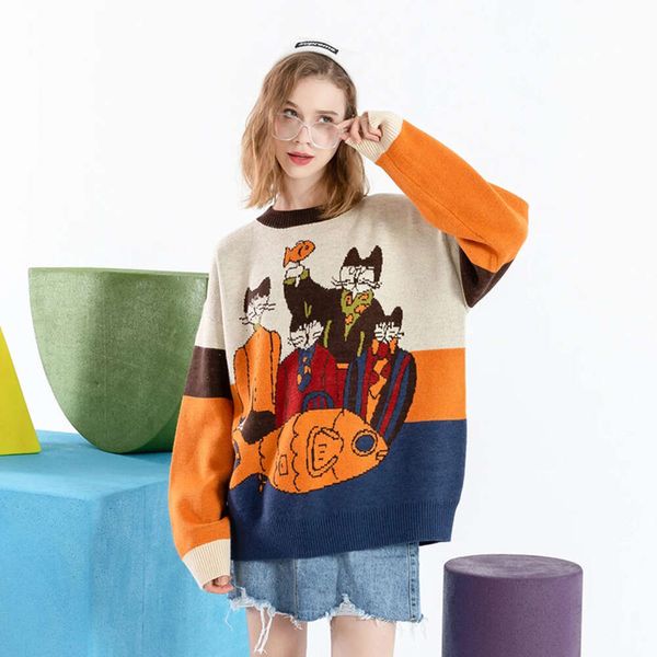 24ss americano bonito dos desenhos animados gato mágico bordado suéter estilo harajuku malha outono/inverno y2k pulôver