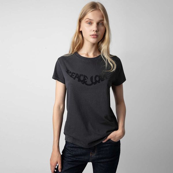 24SS Zadig Voltaire Yıkanmış Pamuk Tees ZV Baskı Kanatları Sıcak Elmas Stir Fry Fry Renk Üstleri İnce Fit Kadın Tasarımcı Kısa Kollu T-Shirt