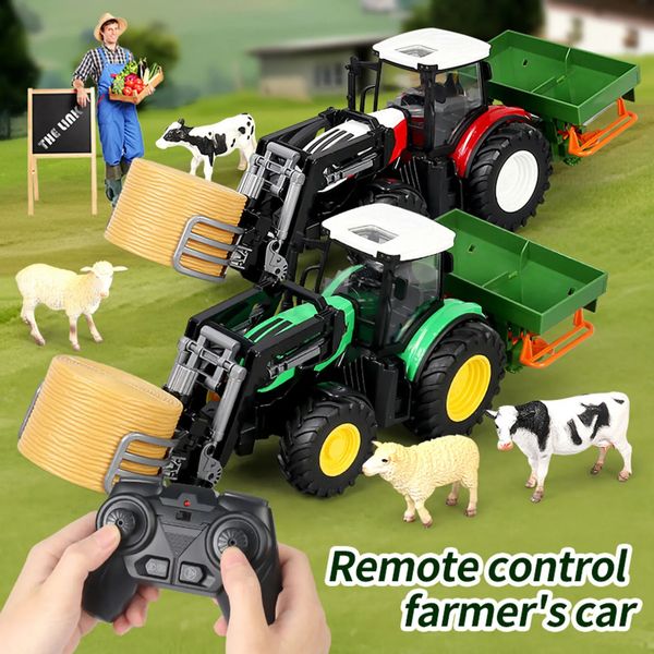 RC Trattori agricoli Rimorchio per auto con pinza Spandiconcime Big Bale Illuminazione Agricoltore Modello animale Giocattoli Per bambini Ragazzo 231229