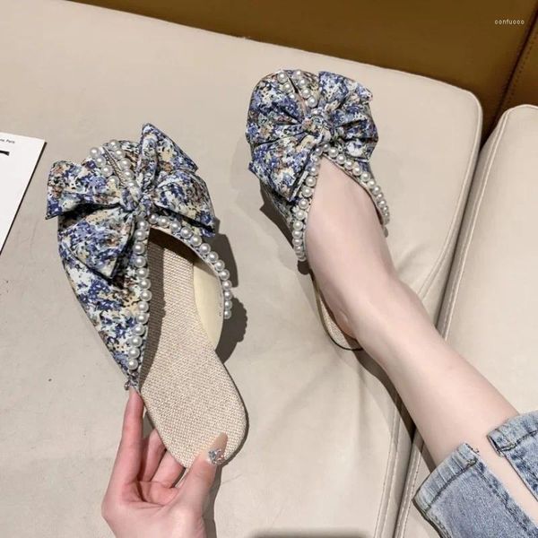 Chinelos Doce Menina Flor Pérola Elegante Azul Laranja Sliders Lazer Peep Toe 35-43 Light Slip-on Sapatos de Verão