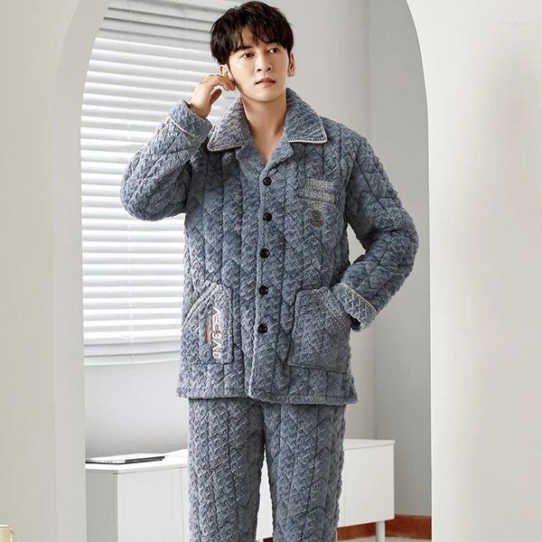 Pijamas masculinos veludo coral acolchoado pijamas masculinos 3 camadas espessamento quente jaqueta de inverno pijamas jacquard hombre inverno