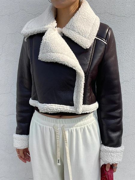 Couro feminino outono inverno vintage grosso quente falso pele de cordeiro jaqueta curta feminino streetwear casual lapela camurça casaco de lã