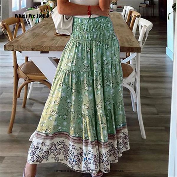 Tatlı Çiçek Baskı Etek Kadınlar Yaz Bohem Uzun Etekler Yüksek Elastik Bel A-Line Moda Bohemian Maxi Etekler XS-3XL JUPE RS171 231229