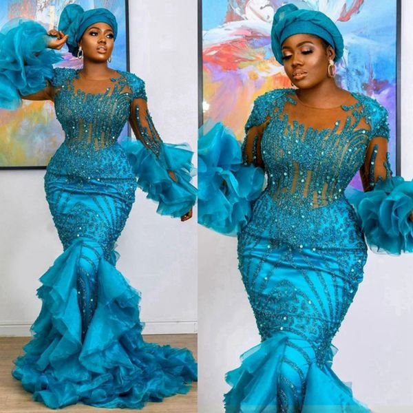 Plus Size Aso Ebi Vestidos de Baile Iceblue Sereia Ilusão Mangas Compridas Sheer Neck Noite Vestido Formal Vestidos de Festa de Aniversário Vestido de Noivado Mulheres Africanas Desgaste NL213