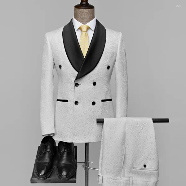 Ternos masculinos branco moda luxo casamento banquete noivo vestido 2 pçs terno estilo britânico clássico masculino baile de formatura jacquard blazer e calças