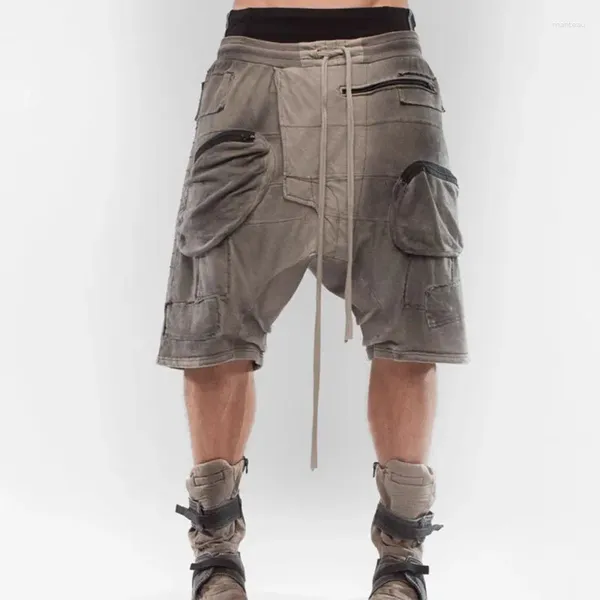 Shorts masculinos função estilo retro assimétrico tingimento angustiado bolso estereoscópico dobrável virilha capris homens