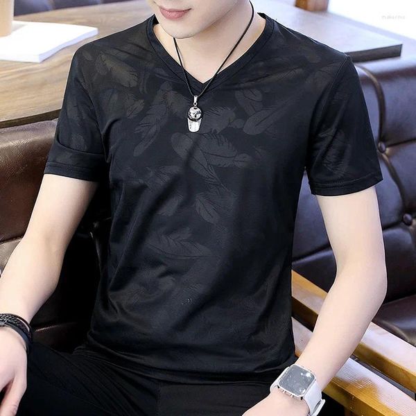 Camiseta masculina camisa de manga curta t-shirt masculino com decote em v magro verão casual fino preto branco cinza topos t