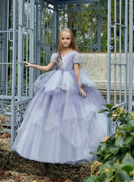 Mädchenkleider Lila Tüll Puffy Perlenapplikation Blumenkleid für Hochzeit Wunderschönes Kind Brautjungfer Geburtstagsfeier Eucharistie