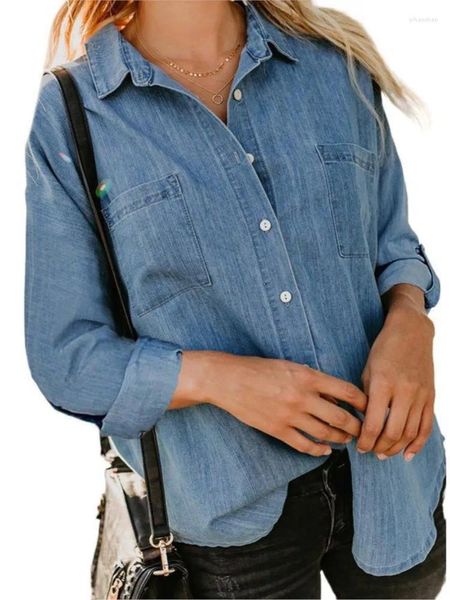 Blusas femininas moda casual denim camisa casaco primavera outono solto bolso duplo manga longa botão-up jaqueta topos 2023