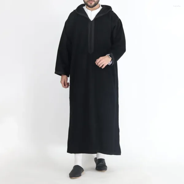 Roupas étnicas Mens Muçulmano Abaya Islâmico Árabe Patchwork Retro Médio Oriente Com Capuz Camisa de Cor Sólida Solta Casual Manga Longa