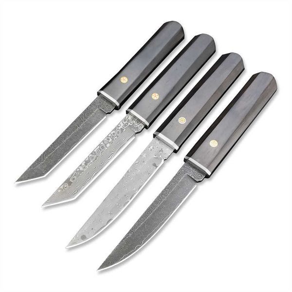 Cuervo japonés Tanto Damasco acero cuchillo de hoja fija mango de ébano cuchillos de caza para acampar
