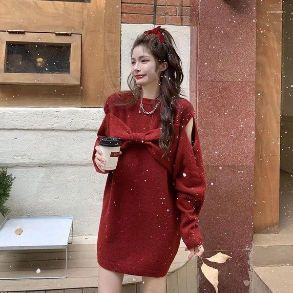 Maglioni da donna Abito rosso Autunno e inverno Maglione midi con fiocco con spalle scoperte Sotto i top natalizi lavorati a maglia per il piccolo anno