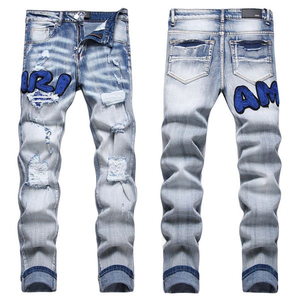 Homens jeans carta estrela am minúsculo ponto bordado retalhos rasgado sexy romântico selvagem motocicleta calça dos homens AM3606-00 tamanho 29-38