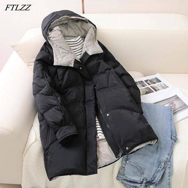 Jaquetas ftlzz inverno mole macio com capuz midi long women women 90% pato branco pato baixo casaco quente solto cor pão pão fora de roupa