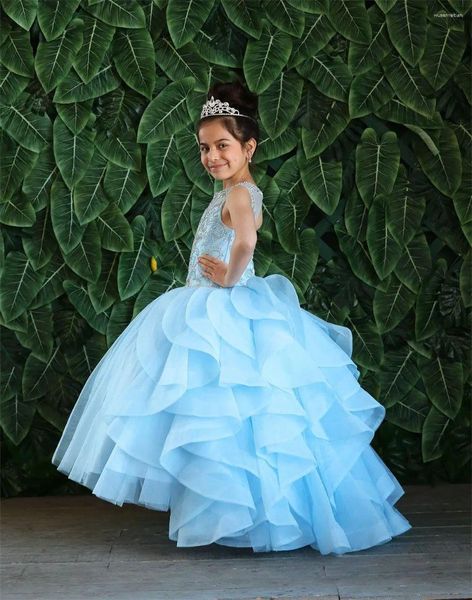 Mädchenkleider Rüschen Perlen Blumenkleid für Hochzeit Himmelblau O-Ausschnitt ärmelloses Tüll Puffy Prinzessin Festzug Kinder Ballkleider