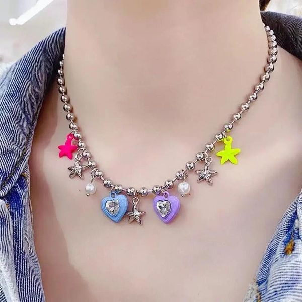 Colares Pingente Vintage Gótico Y2K Metal Doce Colorido Estrela Amor Flor Acrílico Pérola Frisada Colar Para Mulheres Jewely