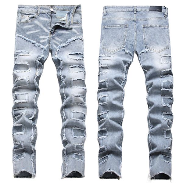 Homens jeans carta estrela am minúsculo ponto bordado retalhos rasgado sexy romântico selvagem motocicleta calça dos homens AM3420-00 tamanho 29-38