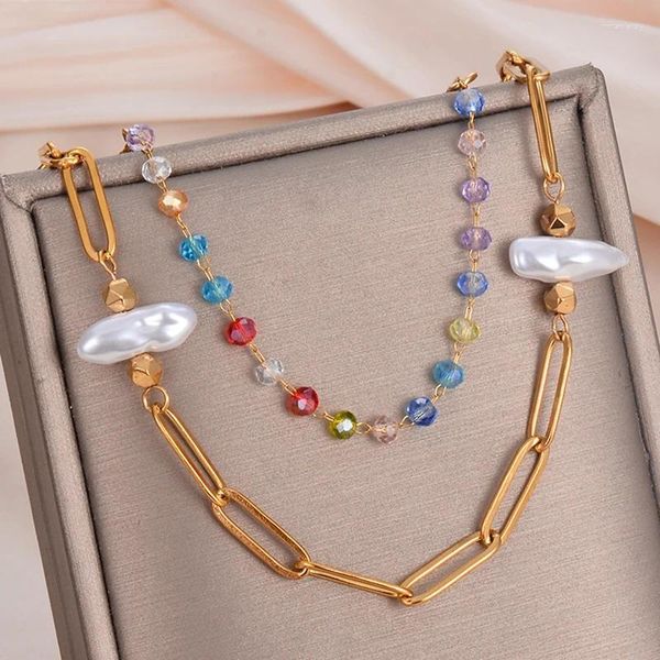 Colares de pingente Bohemian colorido contas de cristal colar para mulheres com pérola irregular dupla camada de aço inoxidável dourado atacado