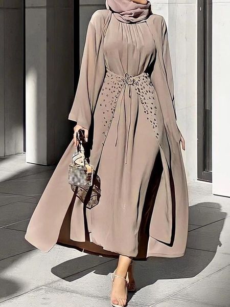 Vêtements ethniques Perles artisanales 3 pièces Ensemble musulman Tenue assortie Crêpe froissée Ouverte Abaya Kimono Robe à manches longues Jupe portefeuille Dubaï