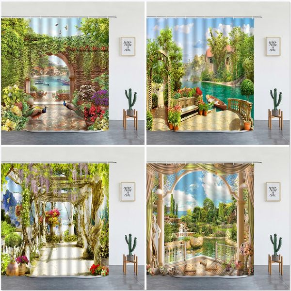 Set Blumen Bogenbrücken Landschaft wasserdichte Duschvorhänge Hausdekoration Badezimmer Vorhang Polyester Stoff Hintergrund Wanddekoration