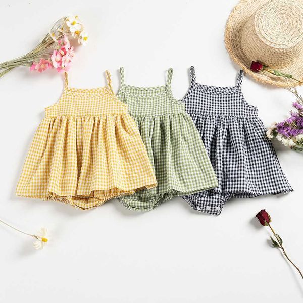 Sommer Baby Kleider Prinzessin Neugeborenen Baby Mädchen Bodys Kurzarm Overall Baumwolle Baby Kleidung Blumen Plaid Strampler L230625