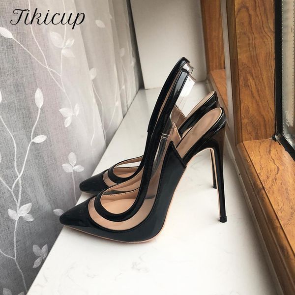 Stivali tikicup trasparente patchwork donne estate donne slingback nere scarpe tacco alto donna sexy appuntiti di punta di punta di punta di punta di piede 8 cm 10 cm 12 cm