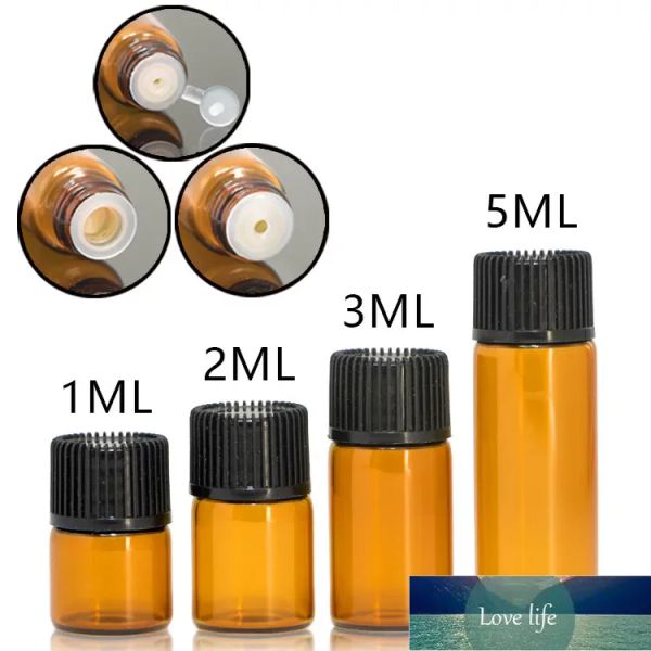 Hochwertige bernsteinfarbene Glasflaschen für ätherische Öle, 1, 2, 3, 5 ml, Reagenzglasfläschchen aus Glas mit schwarzem Kunststoffstopfen