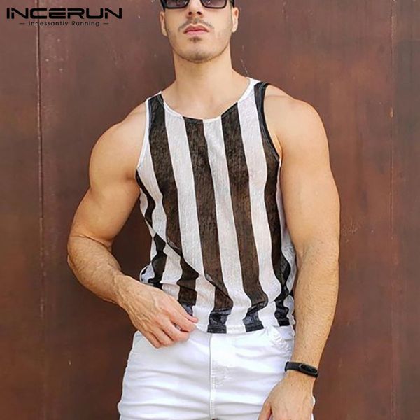 Regatas Masculinas INCERUN Men Mesh Listrado Transparente Sexy Coletes O Neck Mangas Streetwear 2023 Respirável Verão Casual S5XL 230630