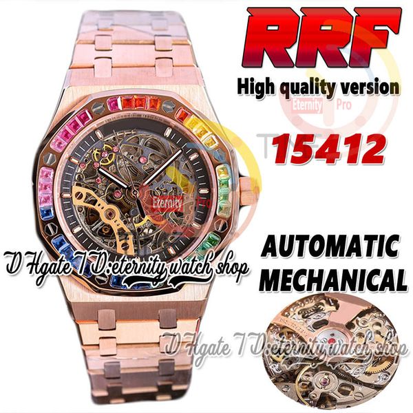 RRF sf15412 Orologio meccanico automatico da uomo Rainbow T Diamond Bezel Skeleton Quadrante nero Doppio bilanciamento Acciaio inossidabile 316L Bracciale in oro rosa Orologi eternity