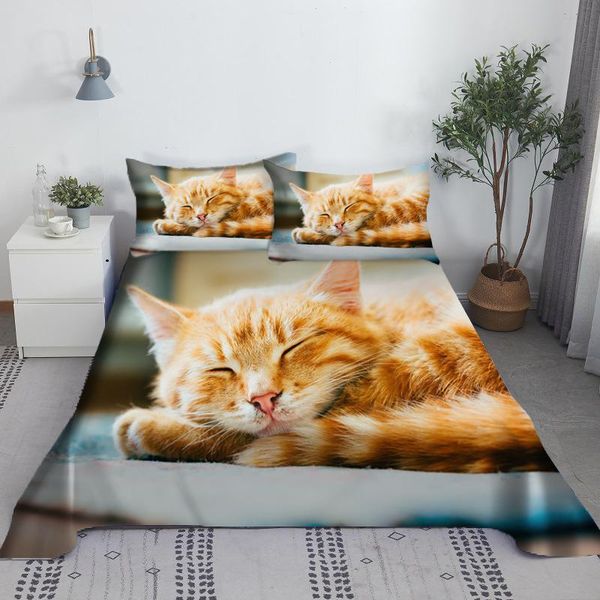 Conjunto de lençol de cama para gato dormindo, impressão digital, poliéster, animal, lençol plano com fronha, roupa de cama 1/1.2/1.35/1.5/1.8/2.0m