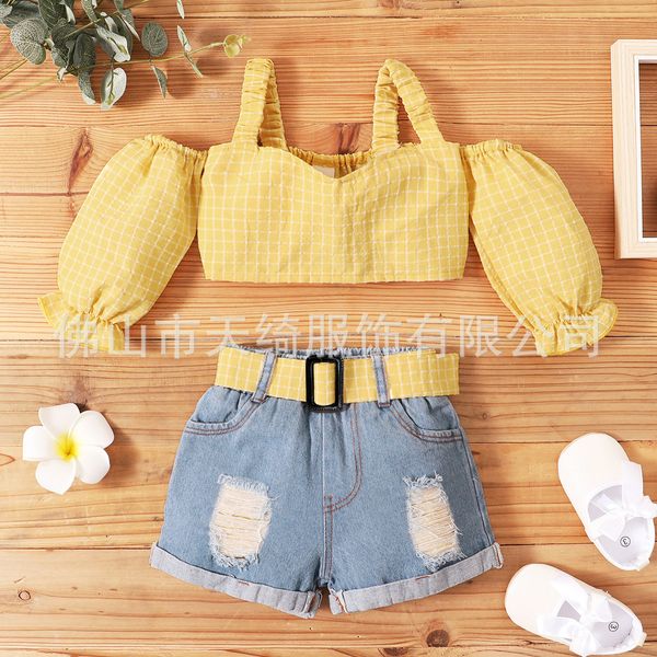 Conjuntos de Roupas Terno Infantil Verão Menina 13 Anos Top Calça Calça Jeans Sling Amarelo Duas Peças Roupas Infantis Meninas Ropa 230630