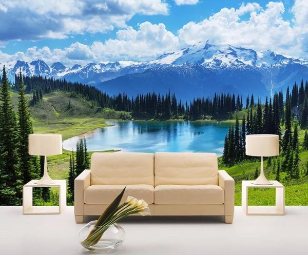 Papéis de Parede Azul Céu Branco Nuvem Papel de Parede Lago Mural Paisagem para Sala de Estar TV Fundo Rolos de Papel Personalizado