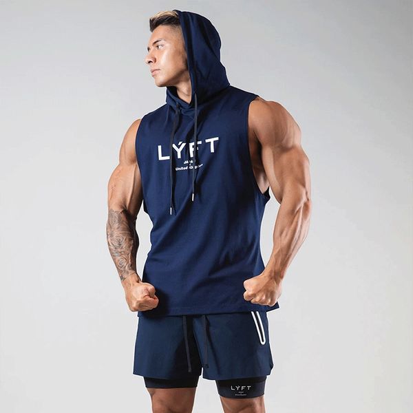 Regata masculina verão sem mangas moletom com capuz colete para academia esportes musculação fitness azul marinho basquete moda fino casual 230630