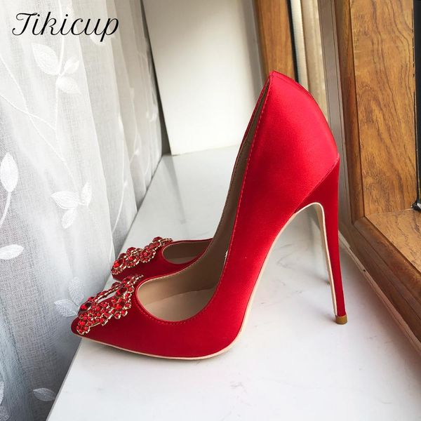 Stivali tikicup quadra di strass di strass da donna in seta rosso raso appuntite punta di tacco alto tacco da sposa scarpe da sposa eleganti donne a stiletto 3345