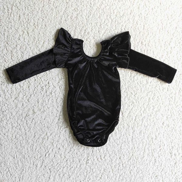 Footies Newborn Black Velvet Bubble Romper с длинными рукавами и рюшами Комбинезон для маленьких девочек Kid Bummie Оптовая продажа для малышей Цельная весенняя одеждаHKD230701