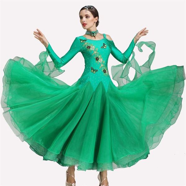 Vestidos verdes para competição de dança de salão Vestido de valsa com franjas Trajes luminosos padrão Foxtrot para mulheres Roupas de palco 242L